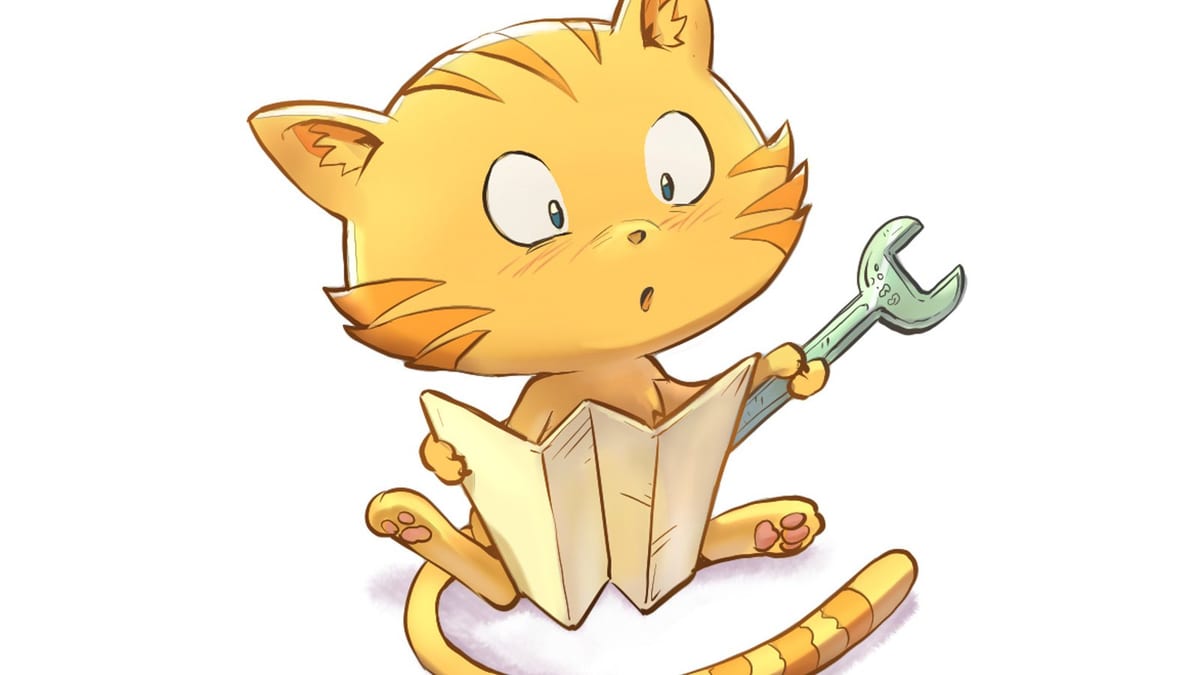 Ilustración de un gato caricaturesco con un libro y una herramienta