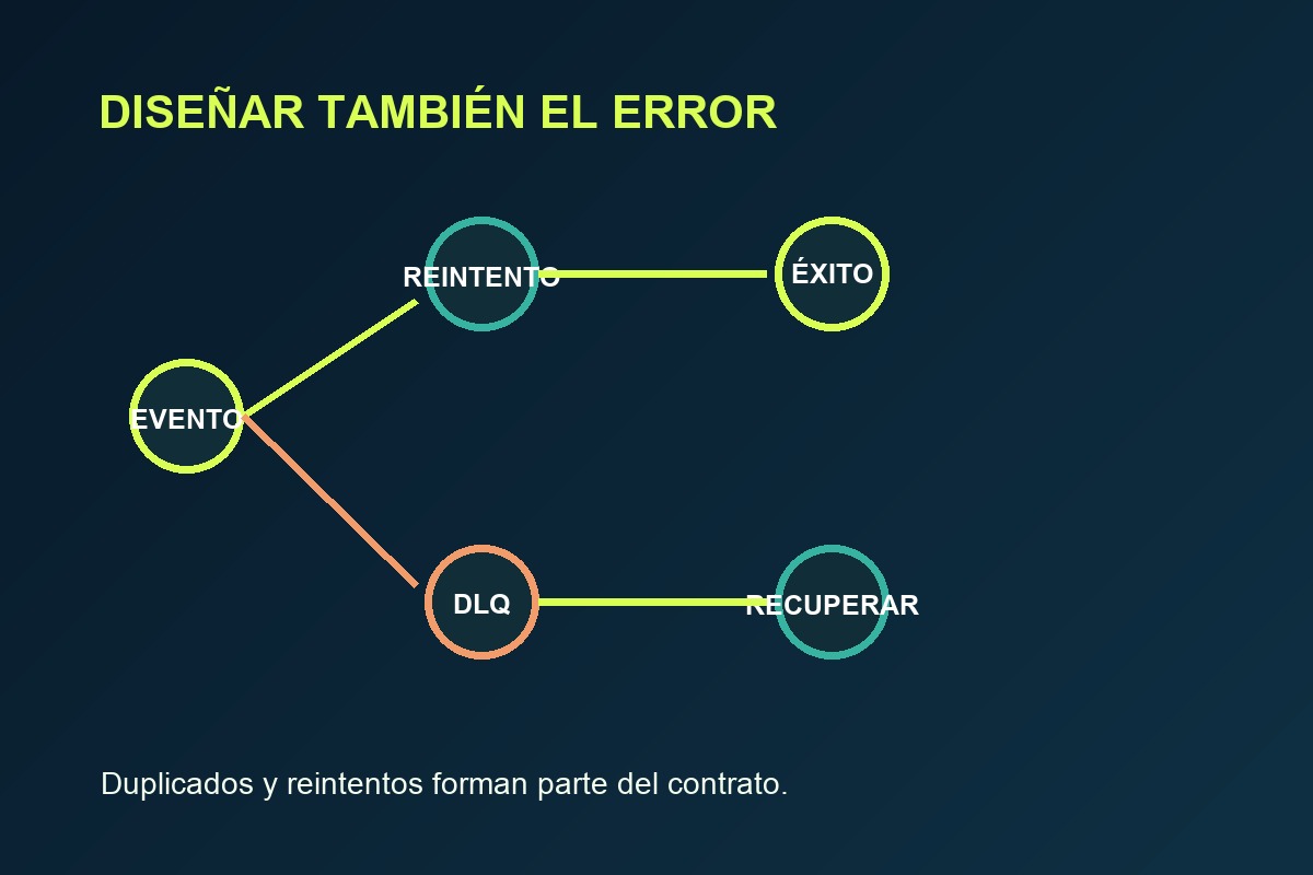 Flujo de eventos con rutas de éxito y recuperación