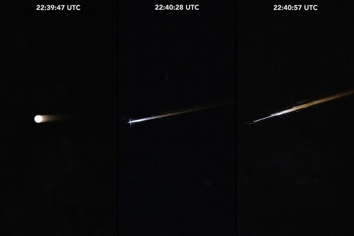 Secuencia de tres fotografías de un objeto que se fragmenta en la atmósfera