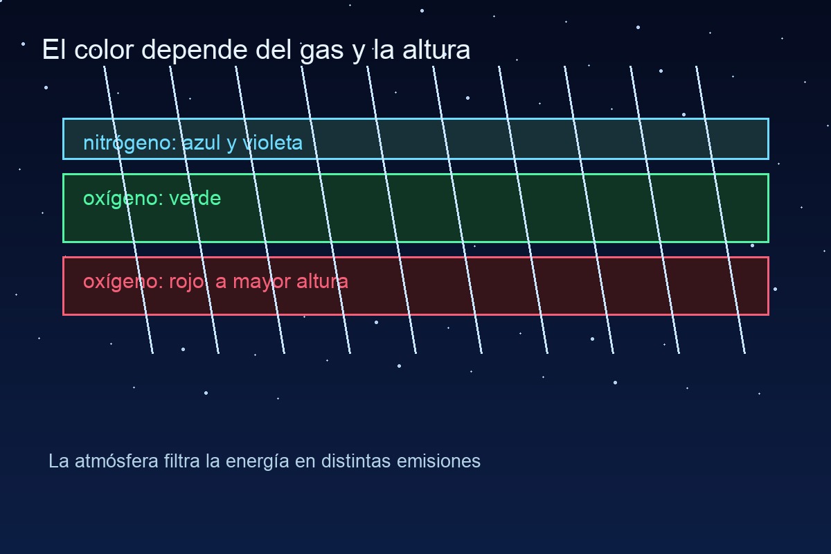 Bandas de color de una aurora según el gas y la altura