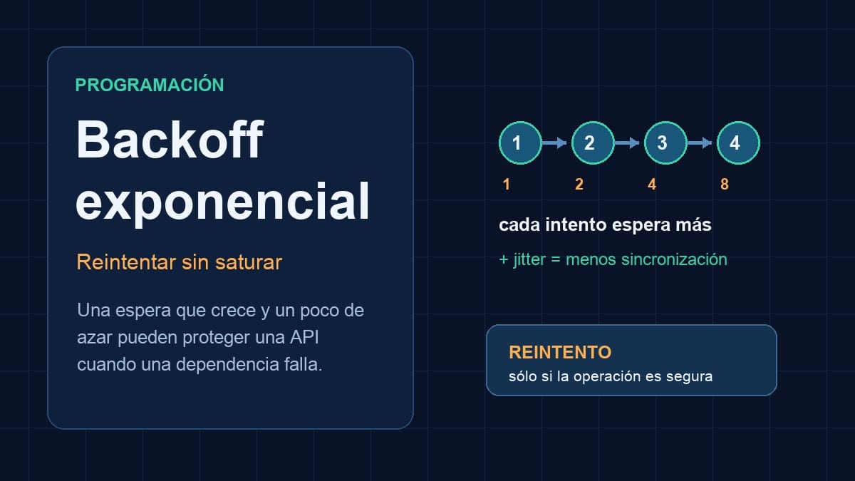 Secuencia ilustrada de reintentos con una espera que crece y un intervalo aleatorio