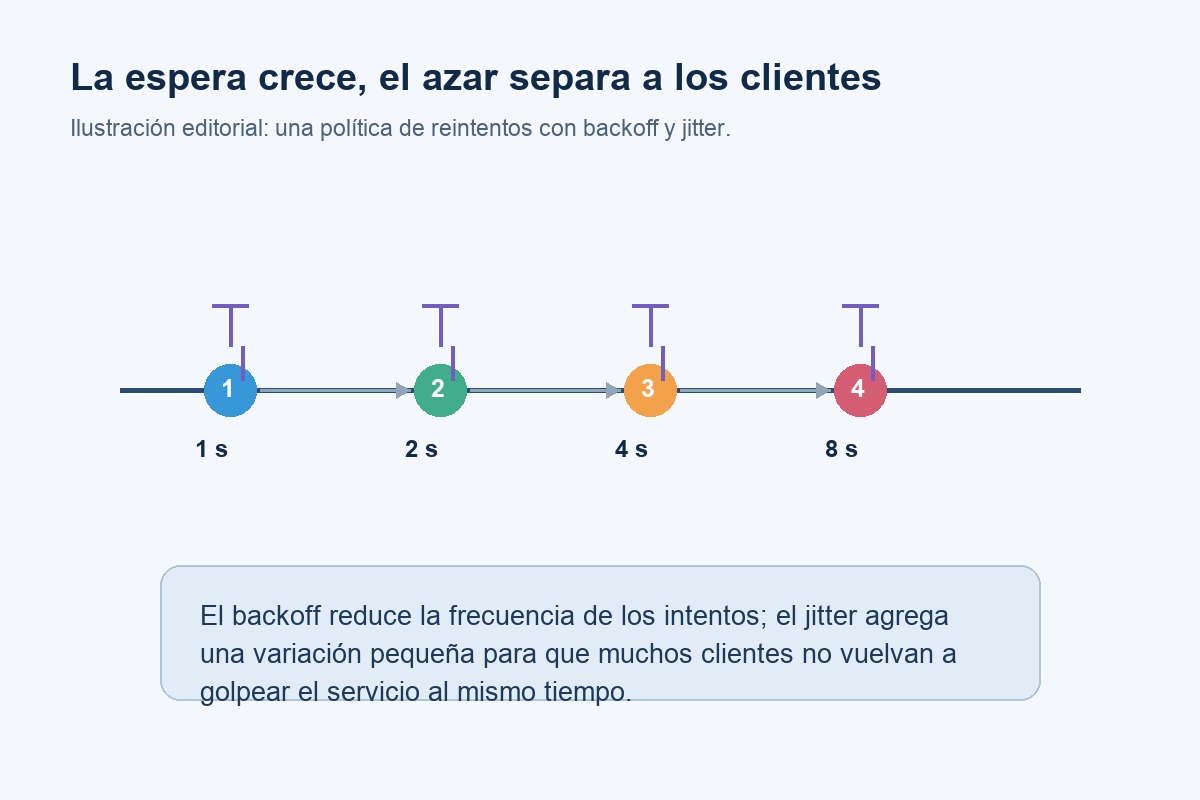 Línea de tiempo con pausas crecientes entre intentos de una solicitud
