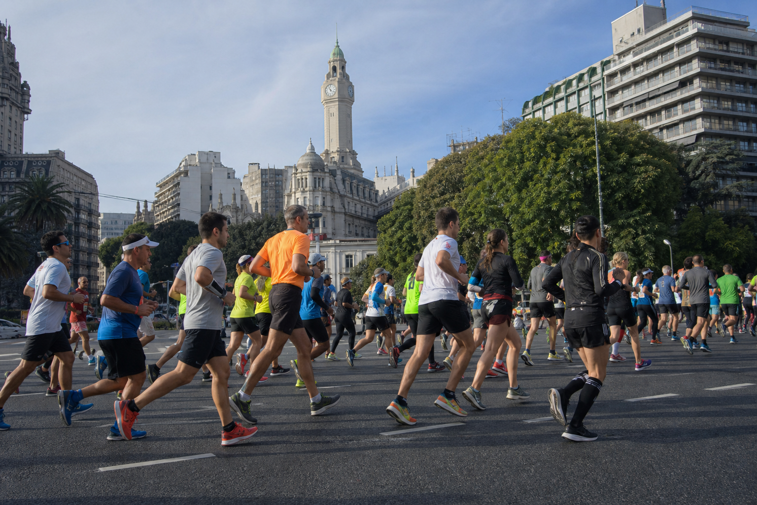 Grupo de corredores avanza por una avenida porteña durante una prueba urbana