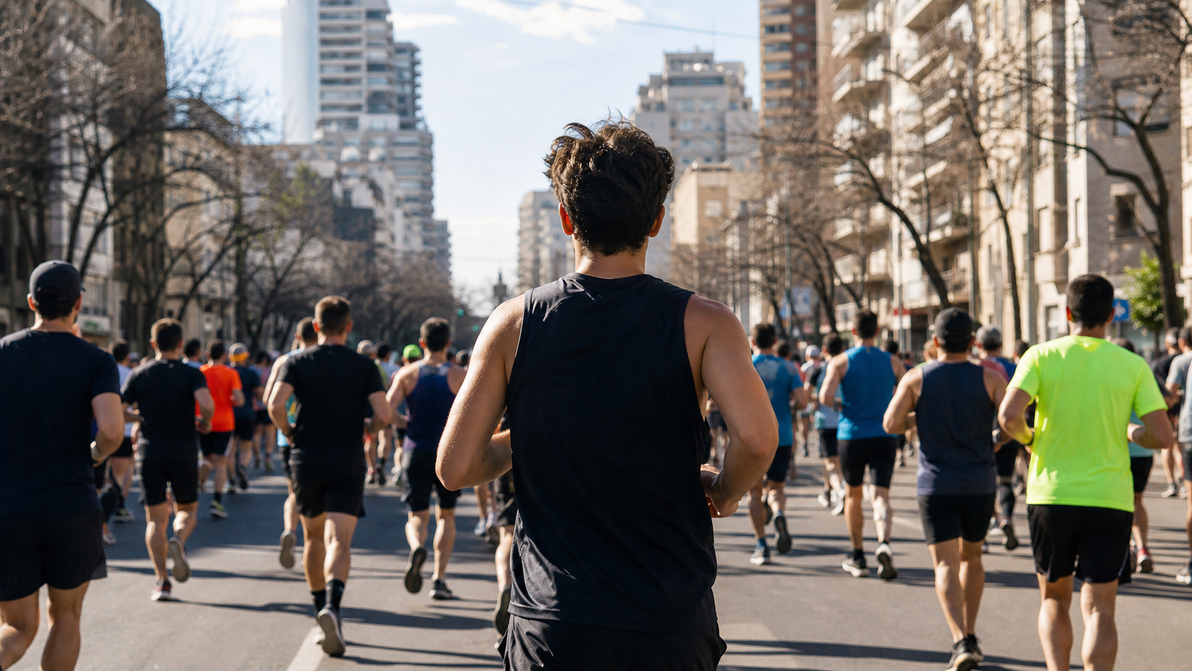 Corredor participa de una media maratón multitudinaria por una avenida de Buenos Aires