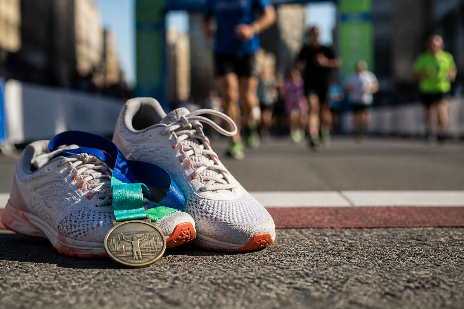 Zapatillas y medalla genérica junto a la llegada de una carrera urbana