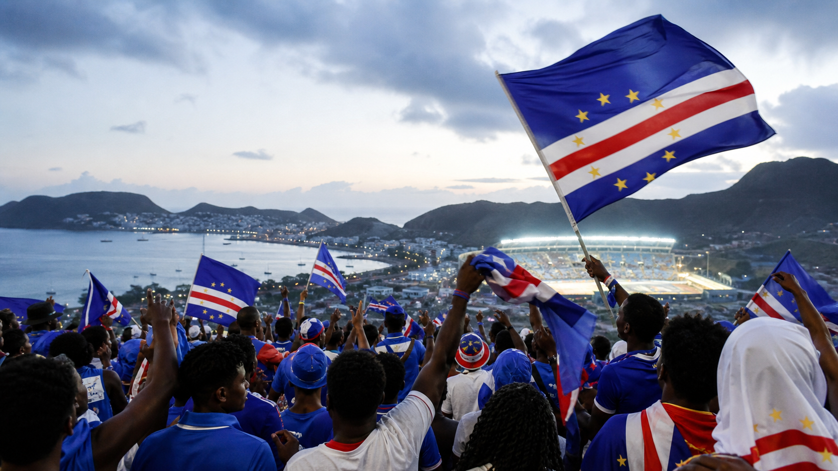 Hinchas de Cabo Verde celebran frente a un estadio y el océano
