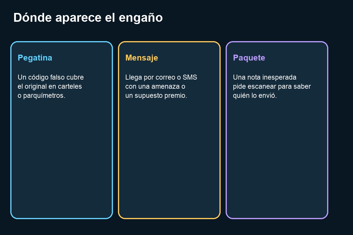 Ejemplos de códigos QR falsos en pegatinas mensajes y paquetes
