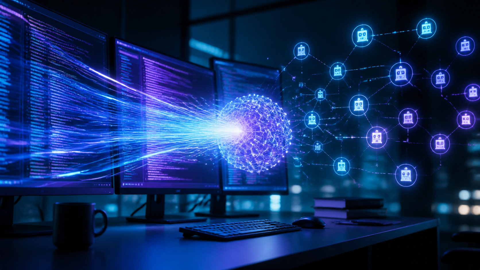 Computadora con una representación abstracta de un asistente de inteligencia artificial