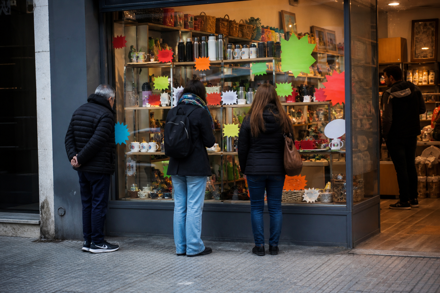 Personas observan la vidriera de un pequeño comercio minorista urbano