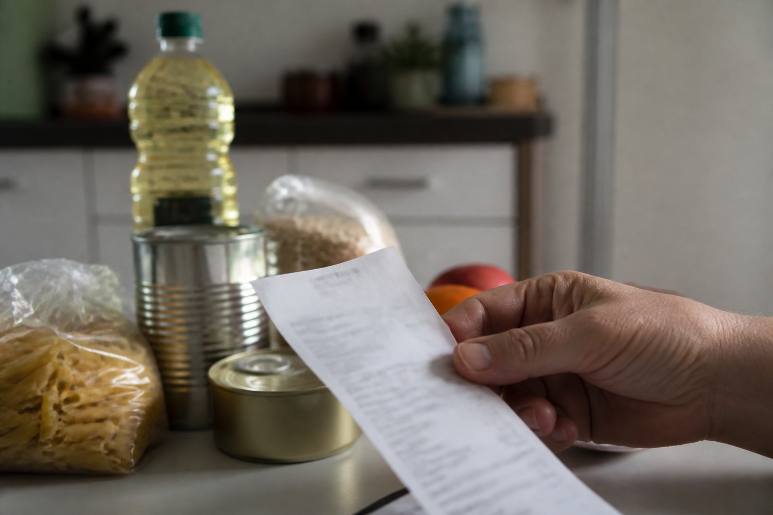 Persona revisa un ticket junto a alimentos básicos sobre una mesa de cocina