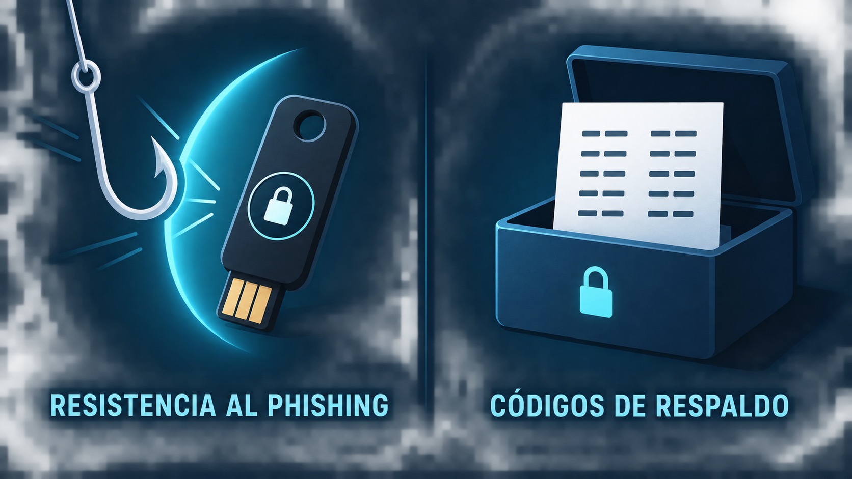 Ilustración de una llave de seguridad que bloquea phishing y códigos de respaldo