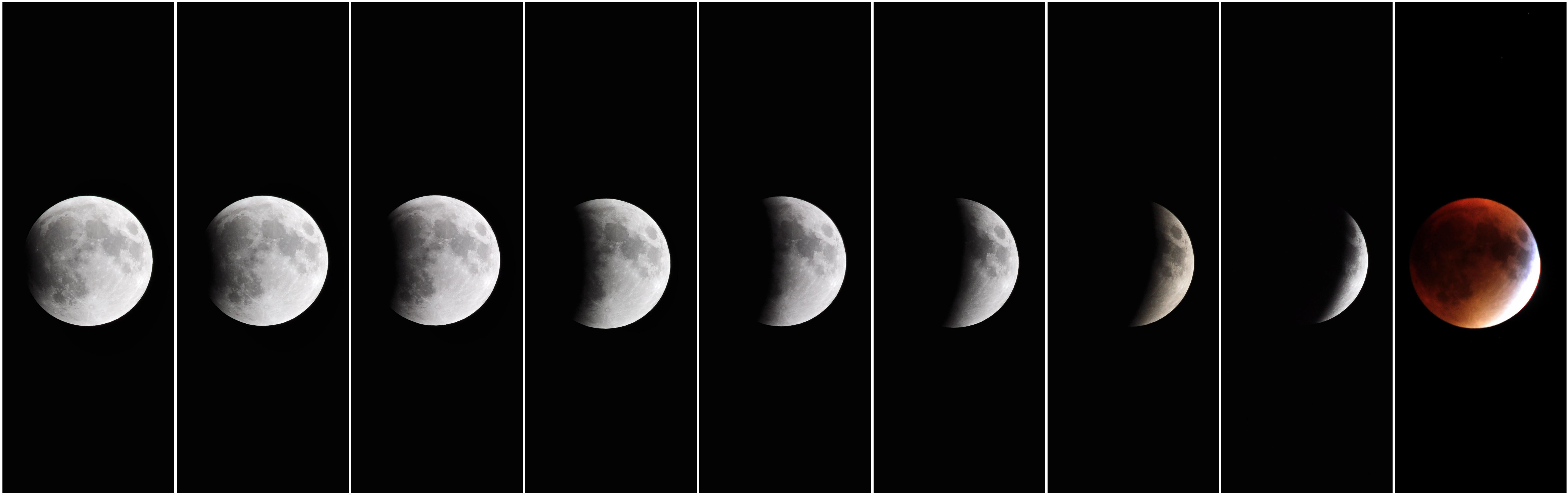 Secuencia fotográfica real de distintas fases de un eclipse lunar