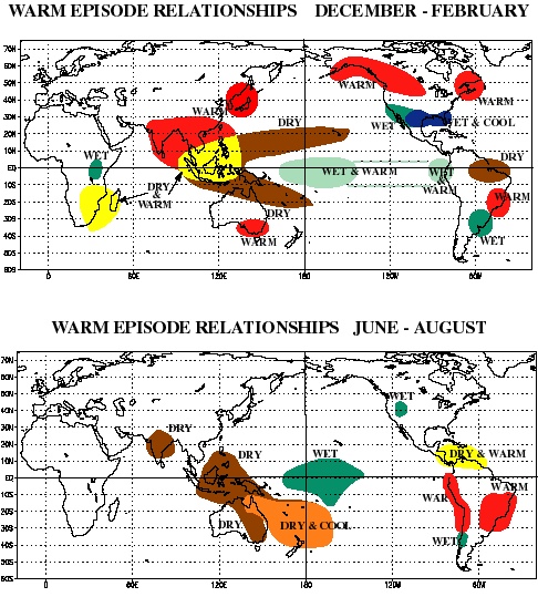 Mapa mundial de impactos regionales típicos de El Niño