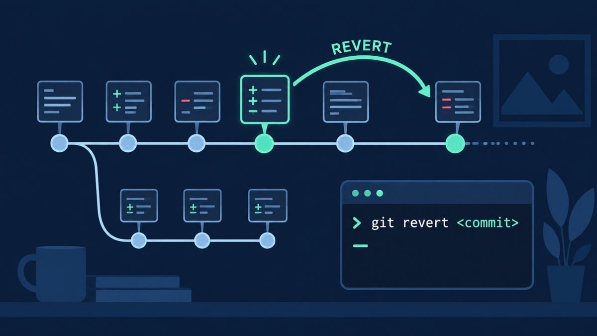 Línea de commits de Git con un cambio revertido