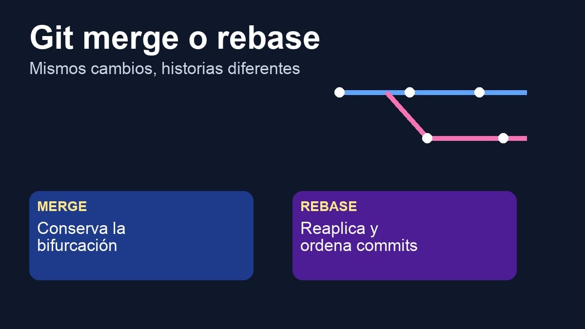 Comparación visual de historiales Git con merge y rebase