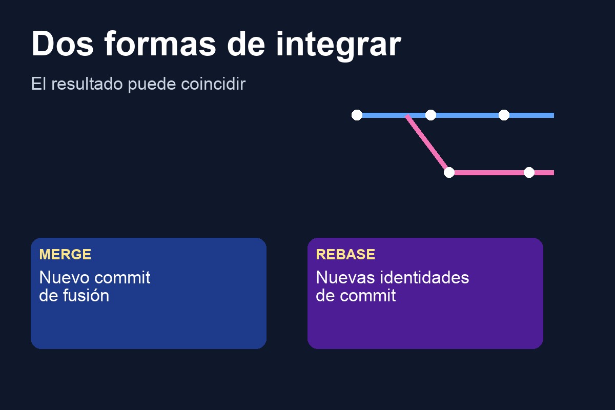 Diagrama de ramas Git antes y después de merge y rebase