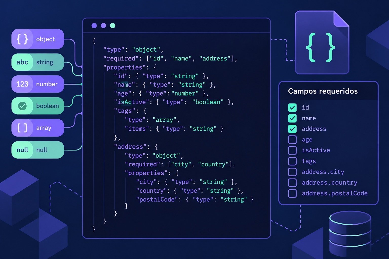 Tipos JSON y campos required representados en un esquema