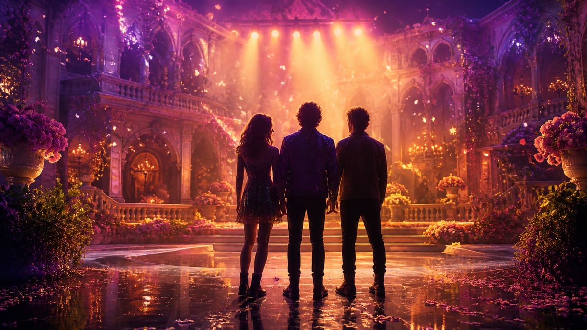Tres jóvenes frente a un escenario fantástico iluminado