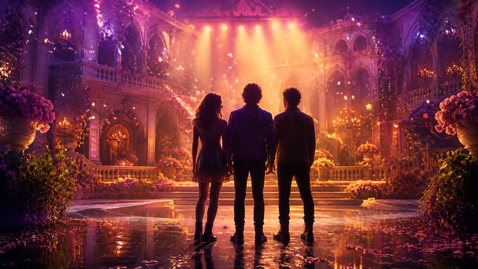 Tres jóvenes frente a un escenario fantástico iluminado