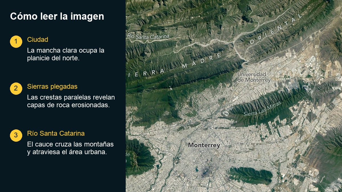 Guía visual para reconocer ciudad, sierras y río en la fotografía espacial de Monterrey