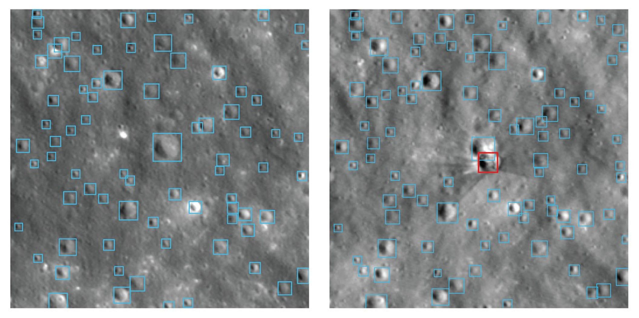 Imágenes lunares con cráteres detectados y un impacto nuevo marcado