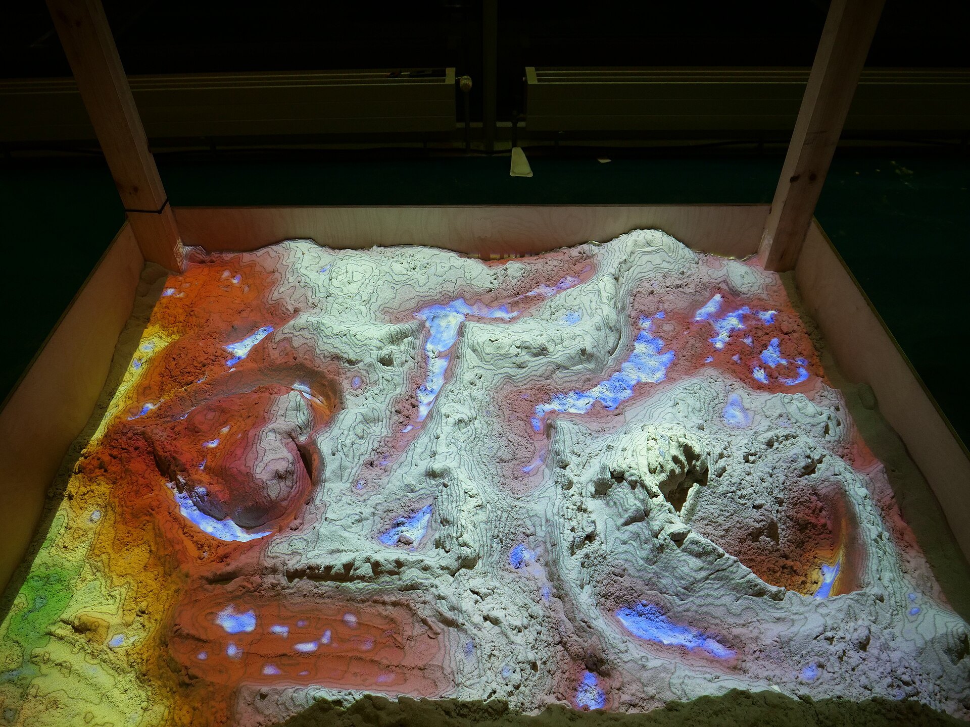 Mesa de arena con proyección de colores que indican alturas
