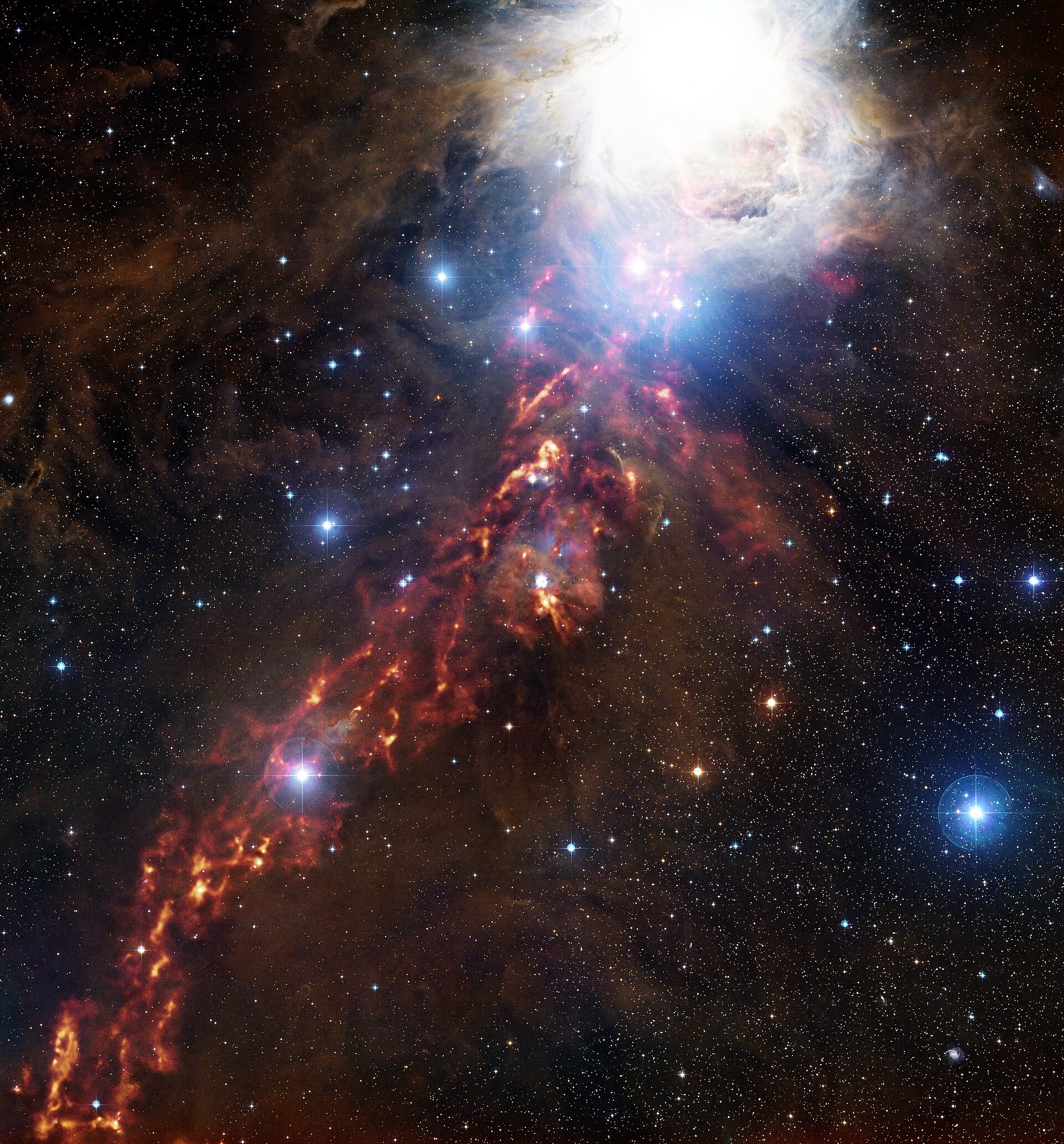 Columnas oscuras de gas y polvo frente a estrellas brillantes