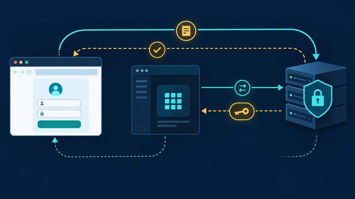 Flujo de autorización OAuth entre un navegador, una aplicación y un servidor