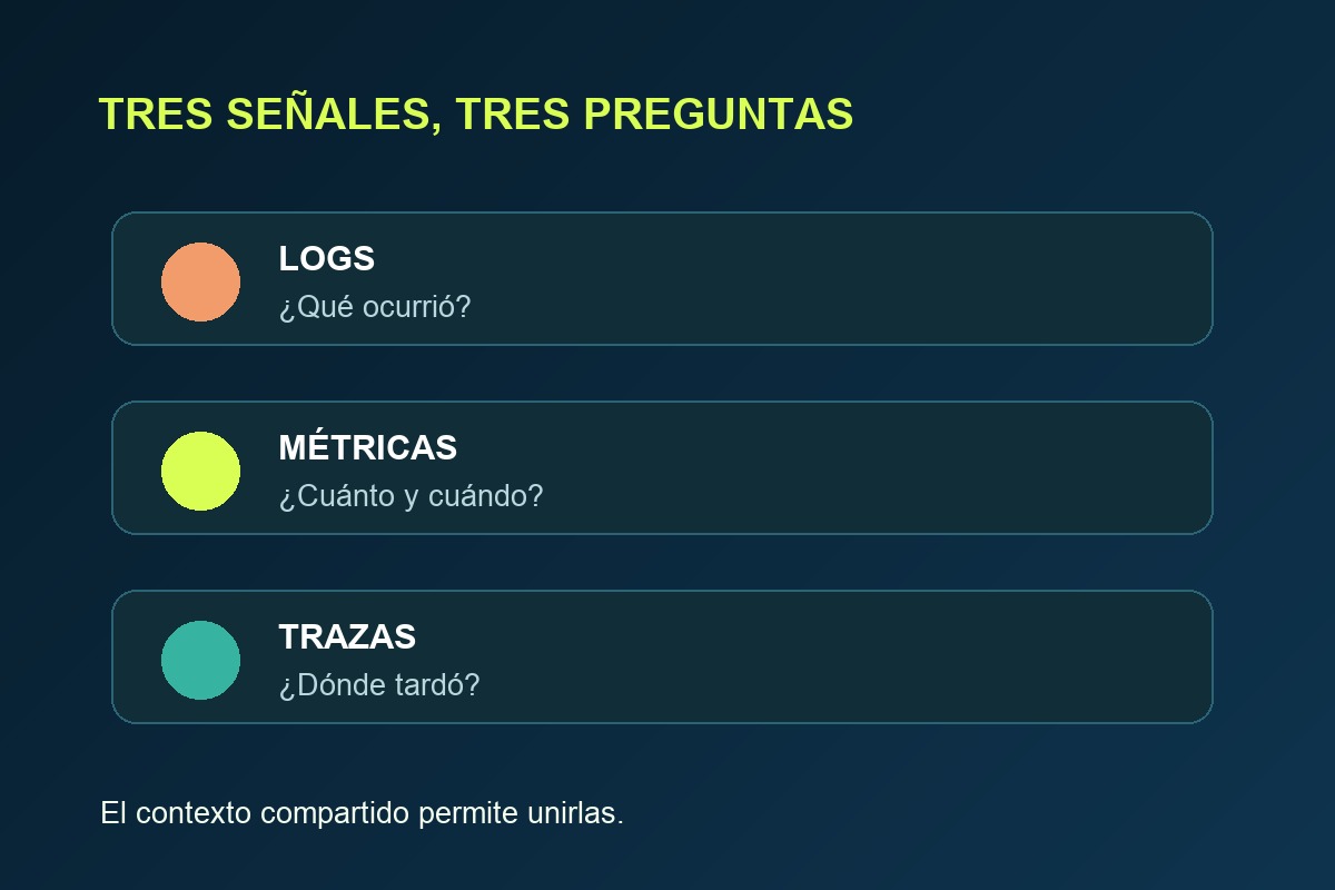 Logs métricas y trazas como señales de un servicio