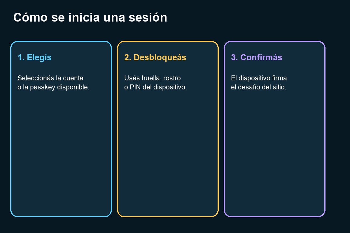 Secuencia de tres pasos para iniciar sesión con una passkey