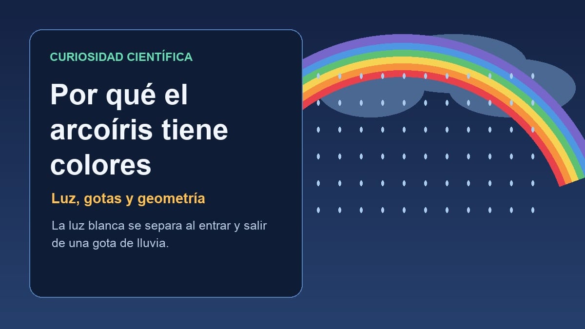 Arcoíris ilustrado sobre una cortina de lluvia con el Sol detrás del observador
