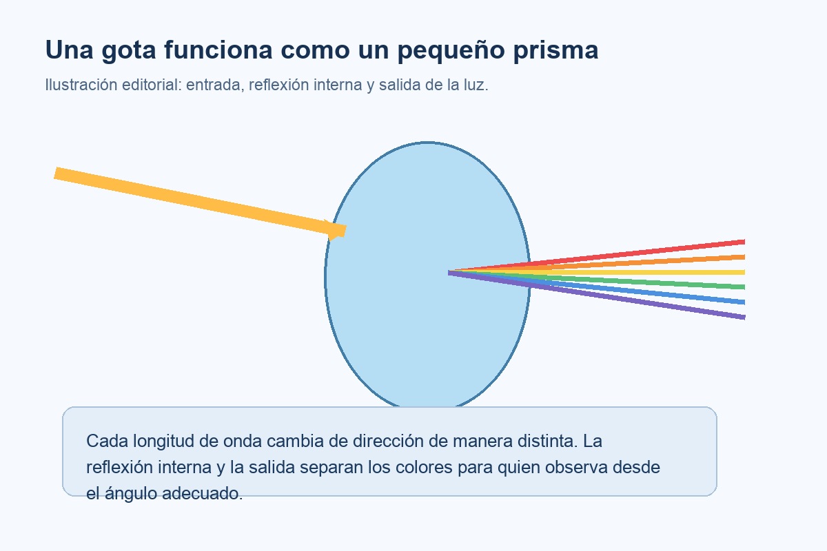 Diagrama de una gota que desvía y separa los colores de la luz