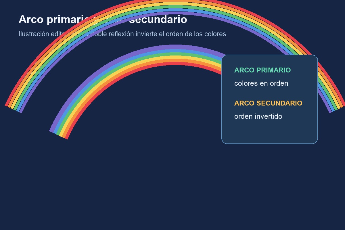 Comparación ilustrada entre un arcoíris primario y uno secundario