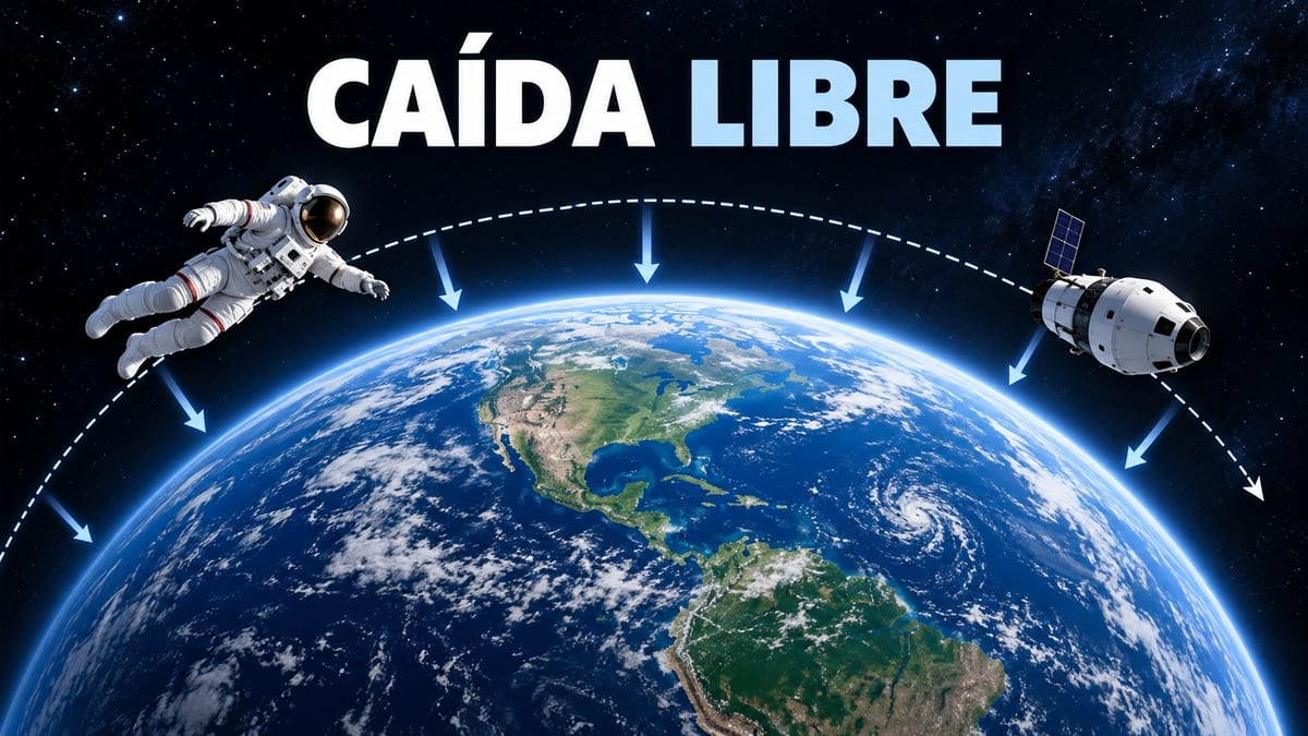 Astronauta y nave orbitan la Tierra en una ilustración de caída libre