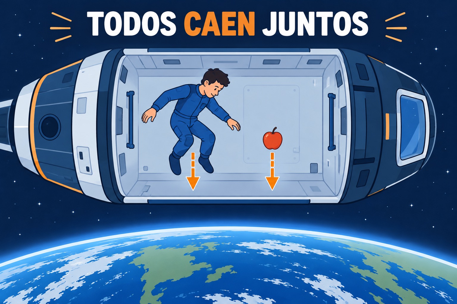 Persona y manzana flotan dentro de una nave al caer juntos
