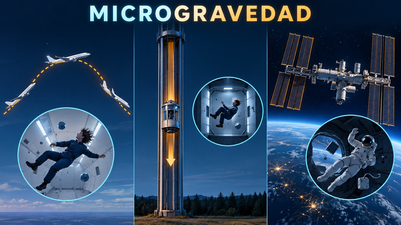 Avión parabólico, torre de caída y nave orbital como plataformas de microgravedad