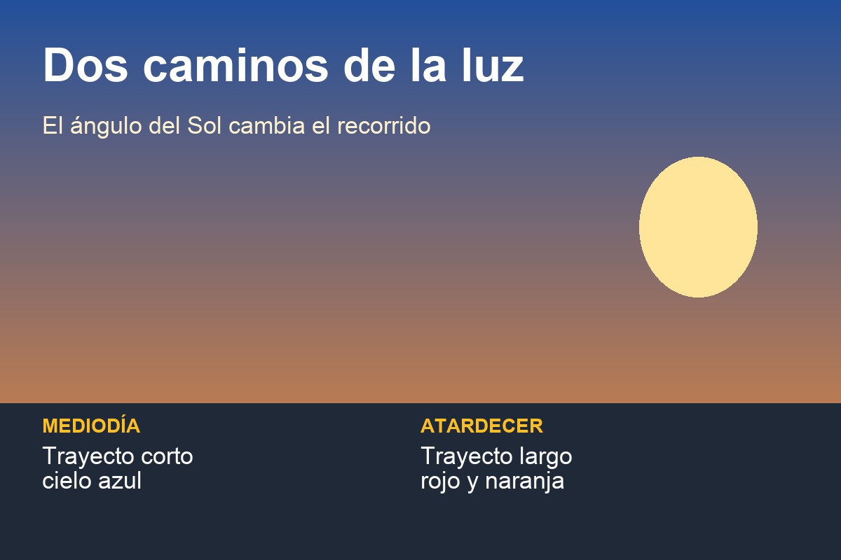 Dispersión de colores azules y predominio de rojos al atardecer