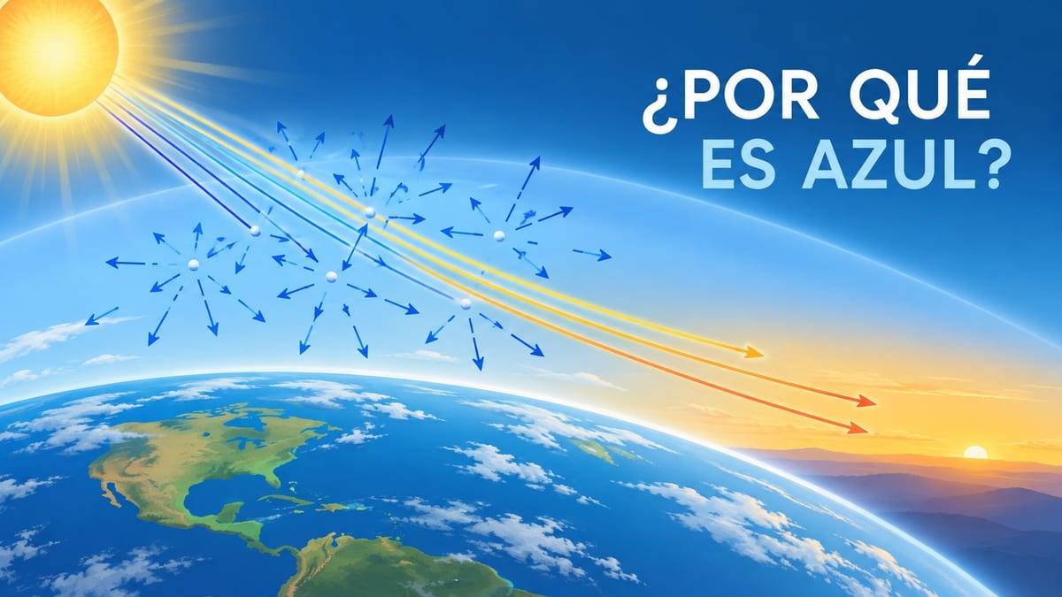 Ilustración de luz solar que se dispersa en la atmósfera y forma un cielo azul