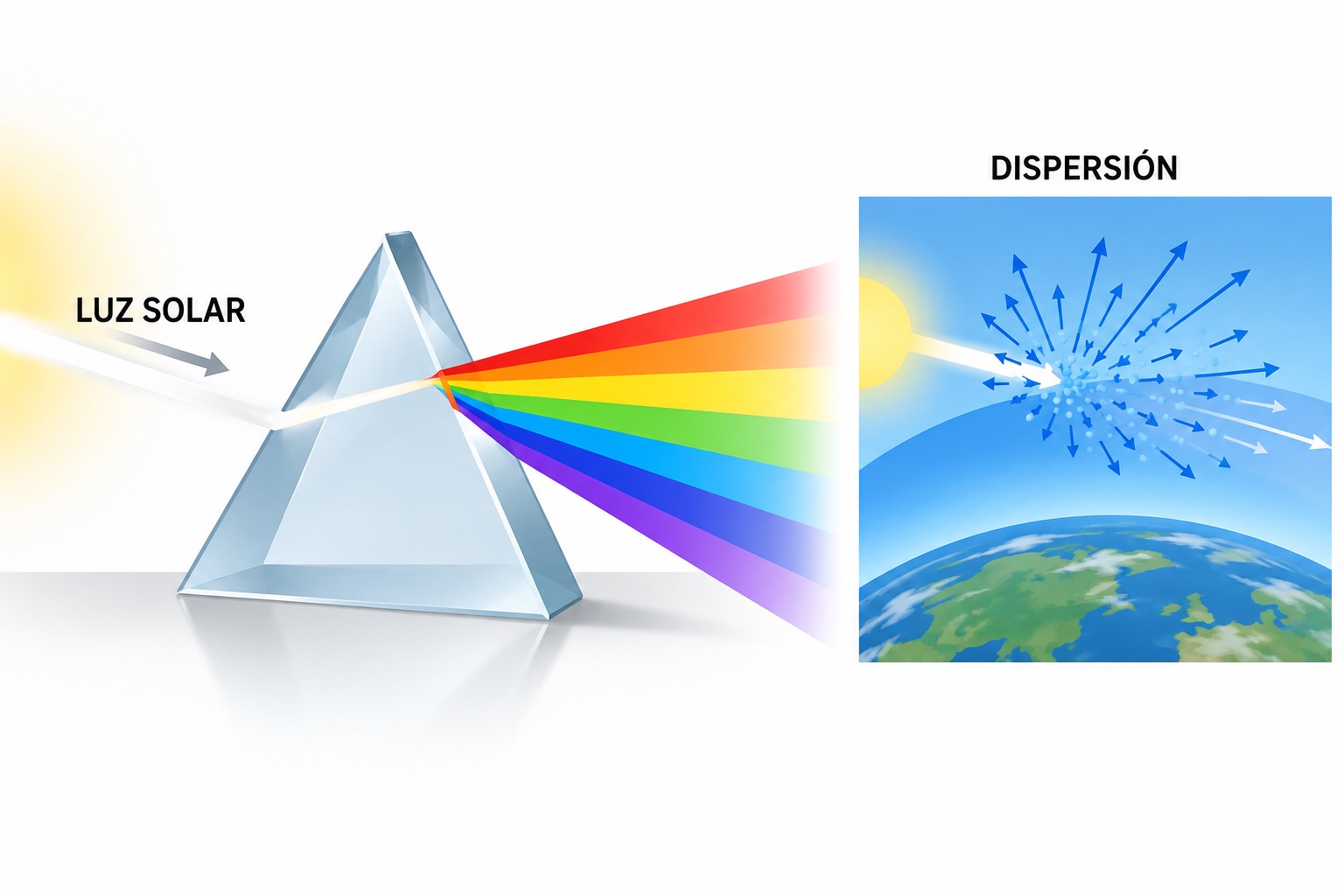 Ilustración de luz solar, prisma y dispersión en la atmósfera