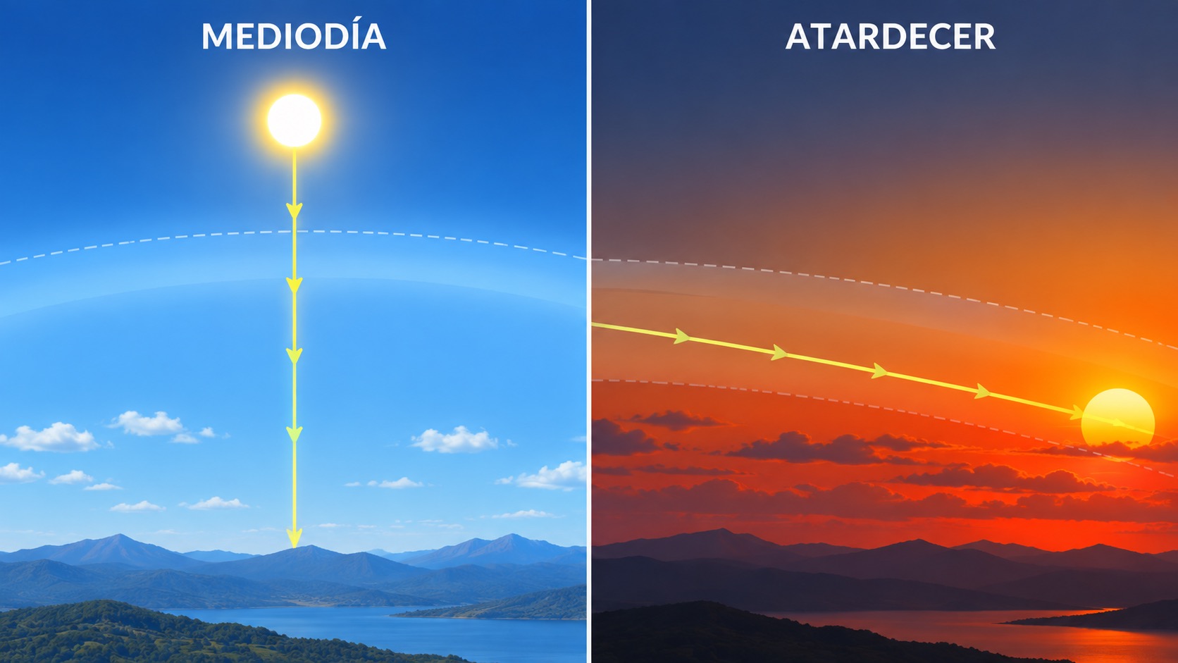 Ilustración comparativa del recorrido solar al mediodía y al atardecer