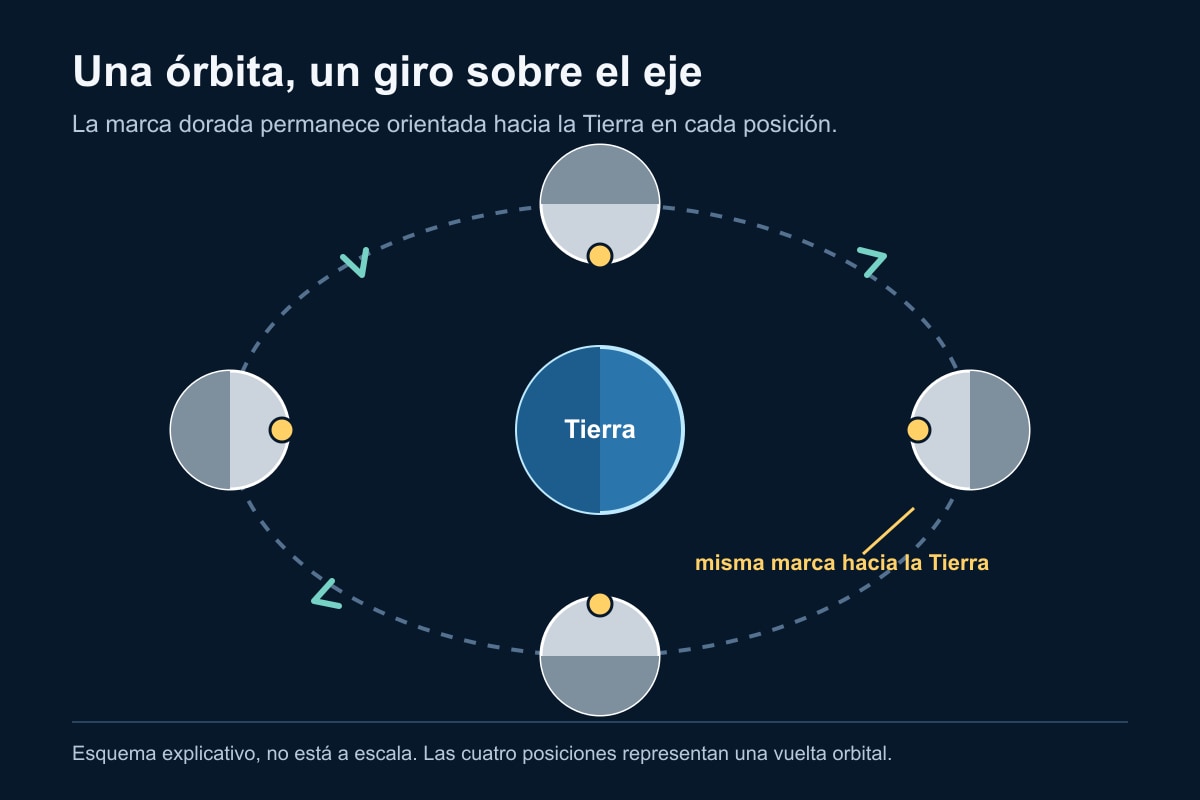 Esquema orbital con cuatro posiciones de la Luna y la misma marca orientada hacia la Tierra.