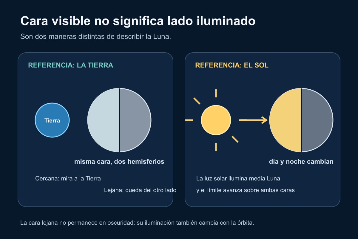 Comparación entre cara cercana y lejana respecto de la Tierra, y día y noche respecto del Sol.