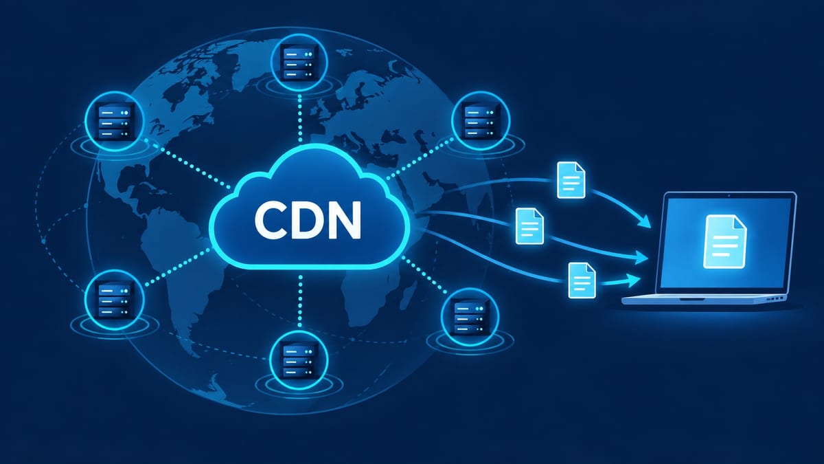 Ilustración de una CDN que distribuye archivos desde servidores cercanos