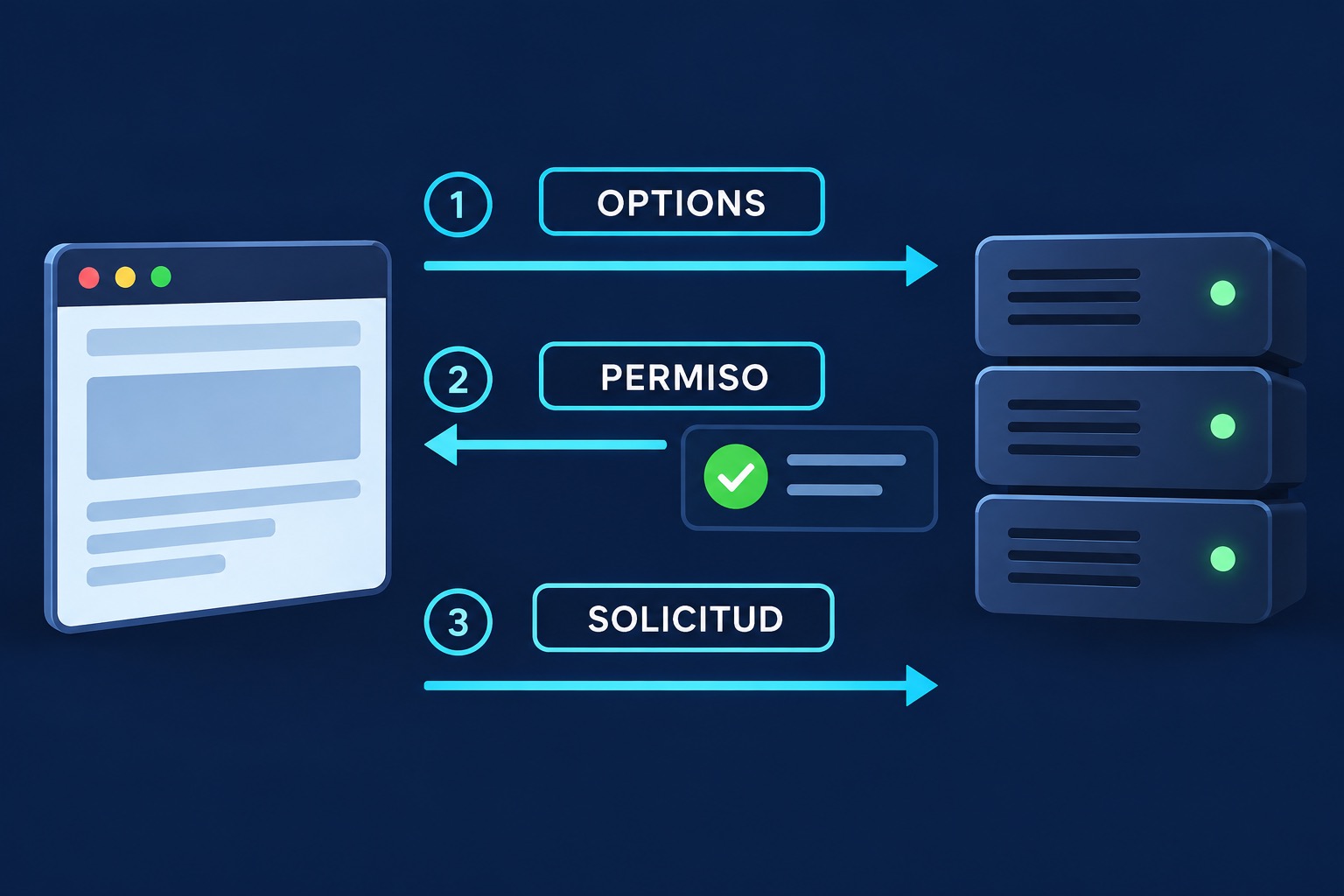 Secuencia de preflight OPTIONS, permiso y solicitud principal