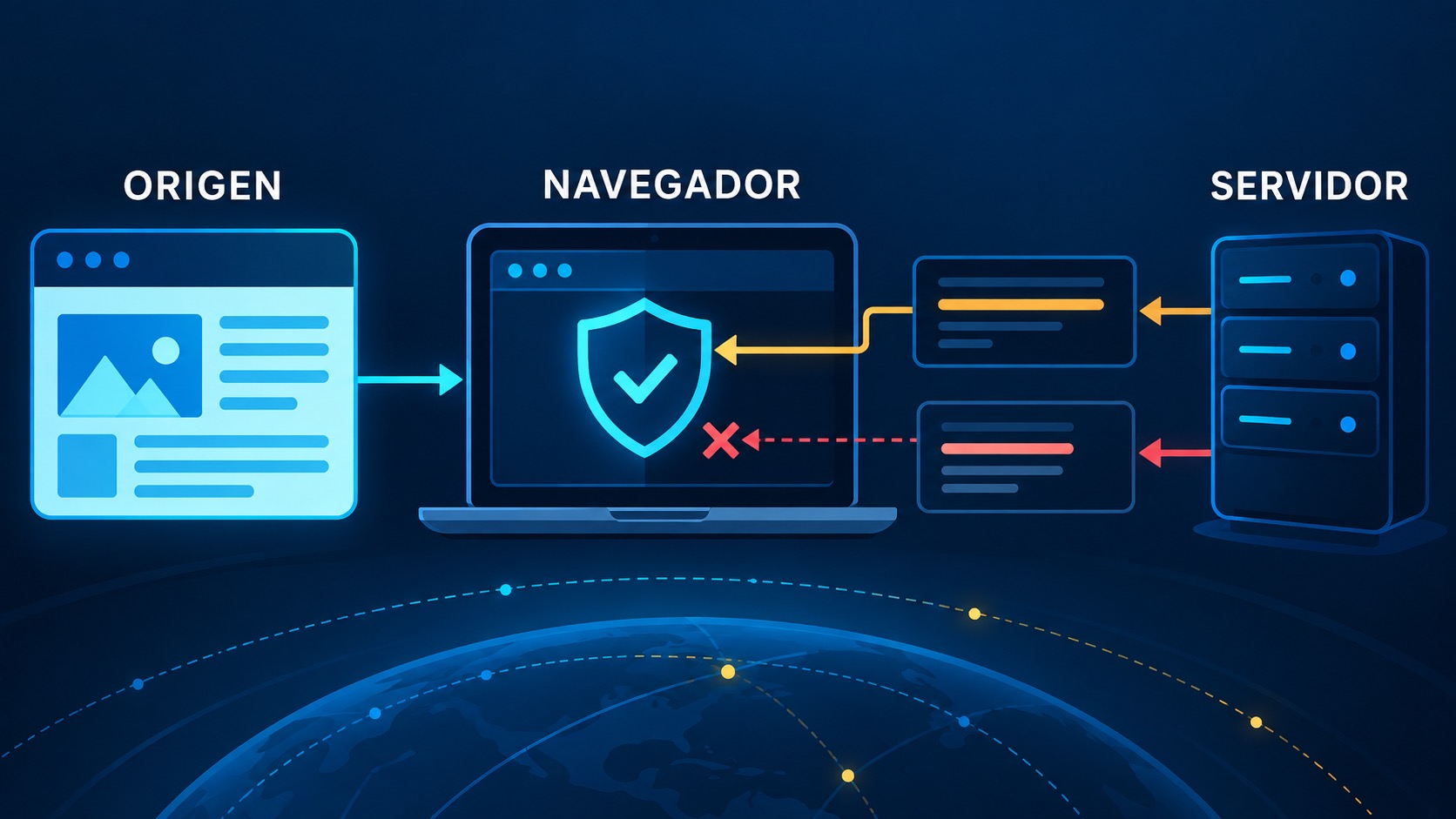 Origen, navegador y servidor en un diagrama de autorización CORS