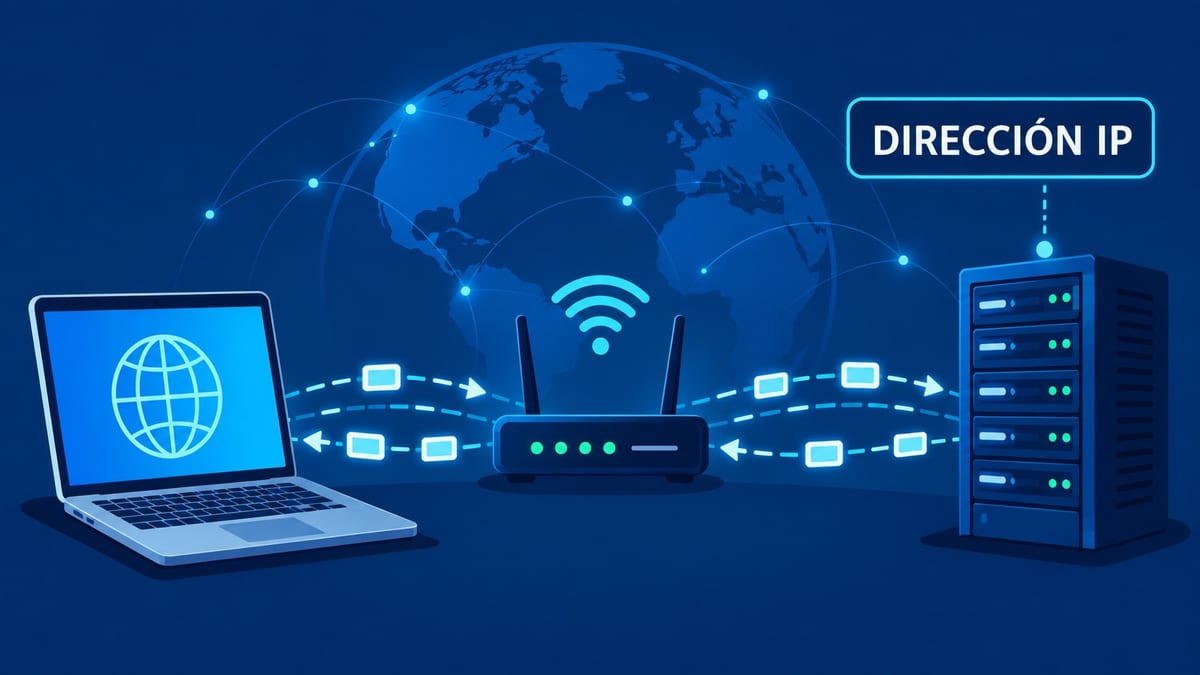 Ilustración de un equipo, router y servidor conectados por una dirección IP