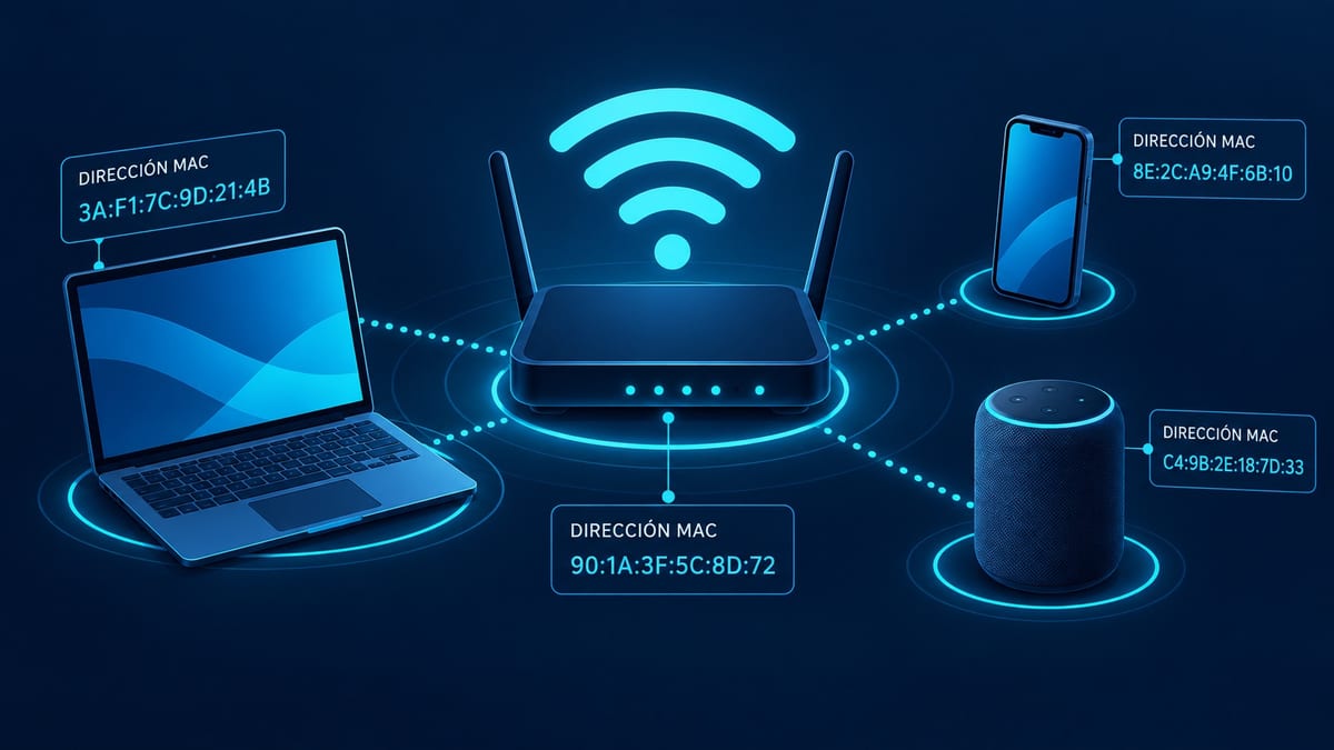 Ilustración de dispositivos conectados a un router con sus direcciones MAC