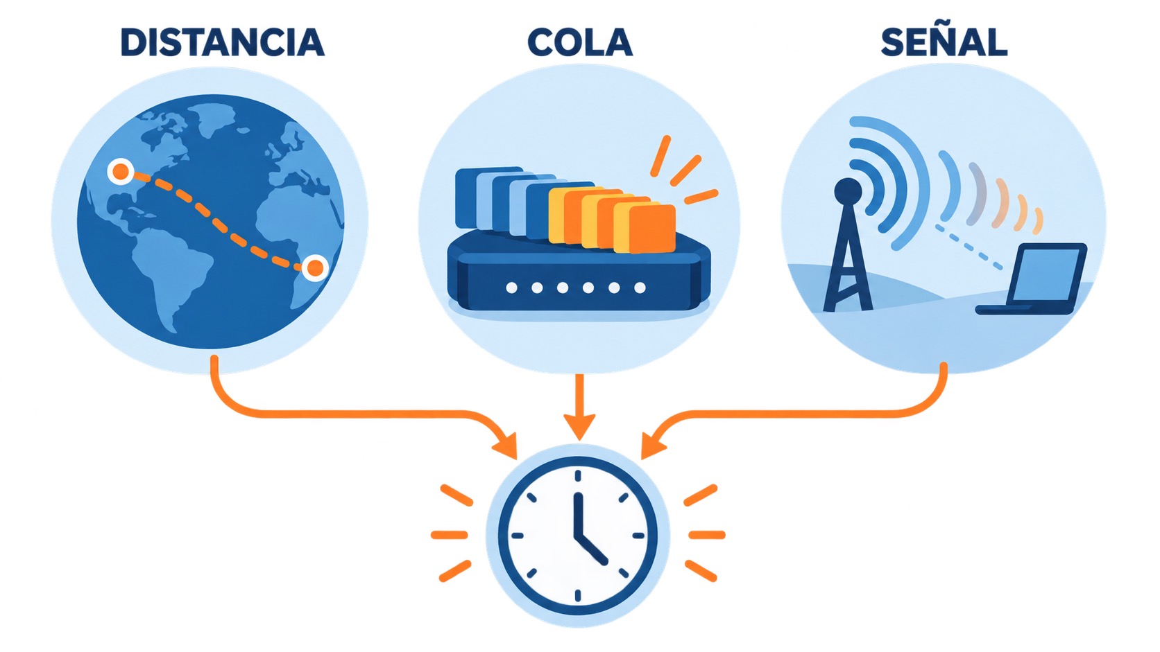 Ilustración de distancia, cola de red y señal como causas de demora