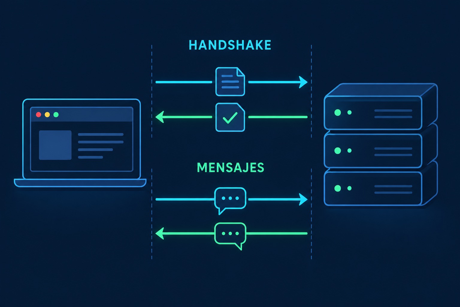 Ilustración del handshake y del intercambio de mensajes en WebSocket