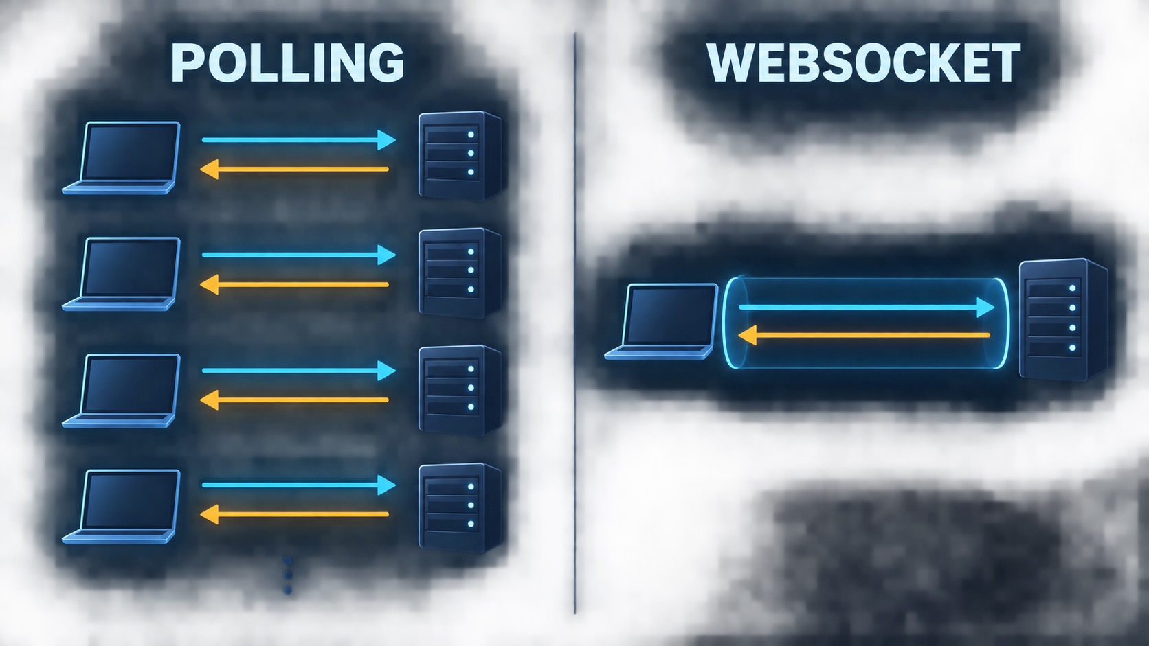 Ilustración que compara polling con una conexión WebSocket persistente